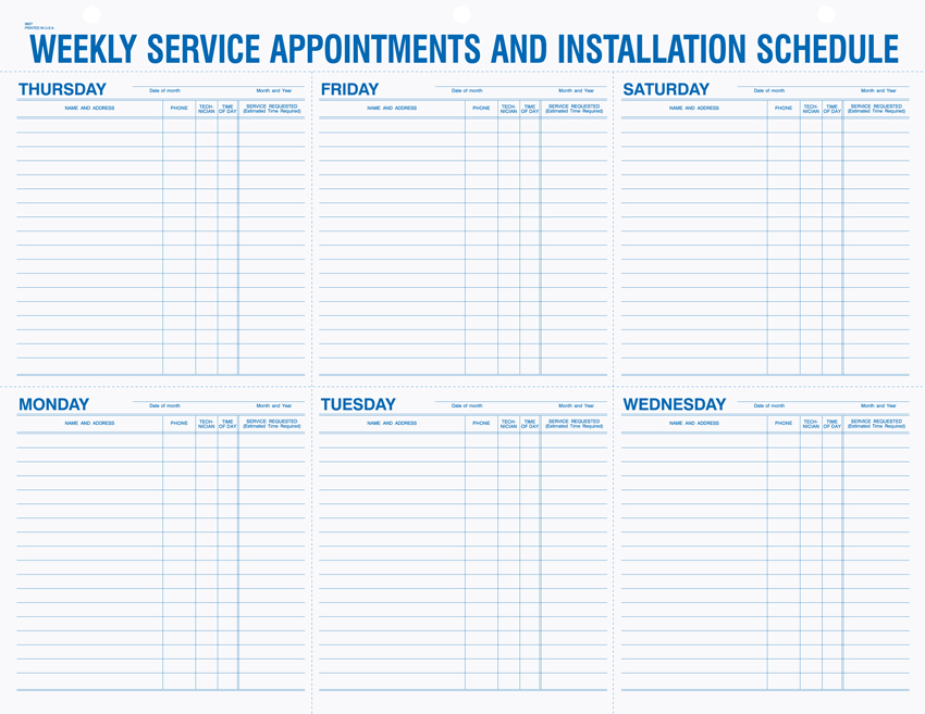 "Weekly Service Appointment Pad - Unit Set - 9927 - 22"x17" 52/P - Click Image to Close
