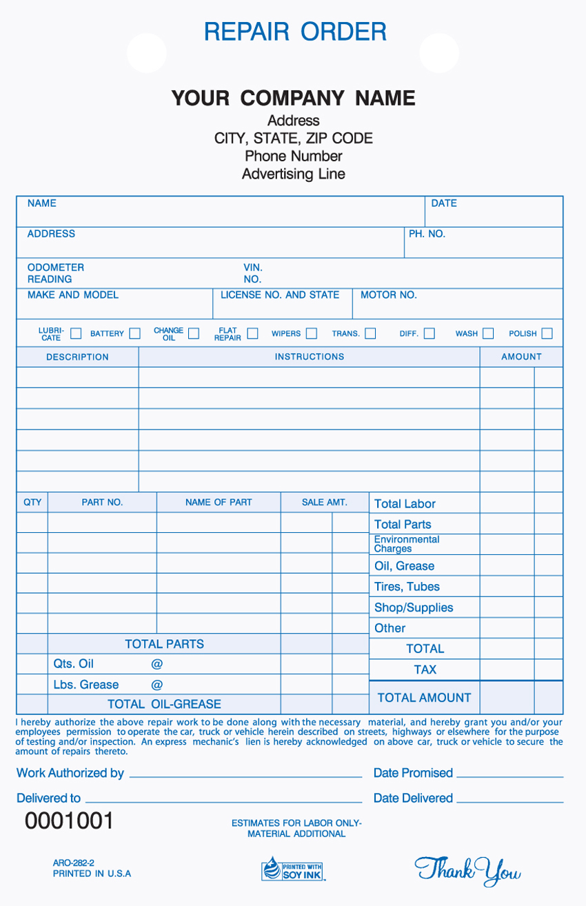 Auto Repair - Register Form - ARO-282 5.5"x8.5" -2 or 3 Part - Click Image to Close