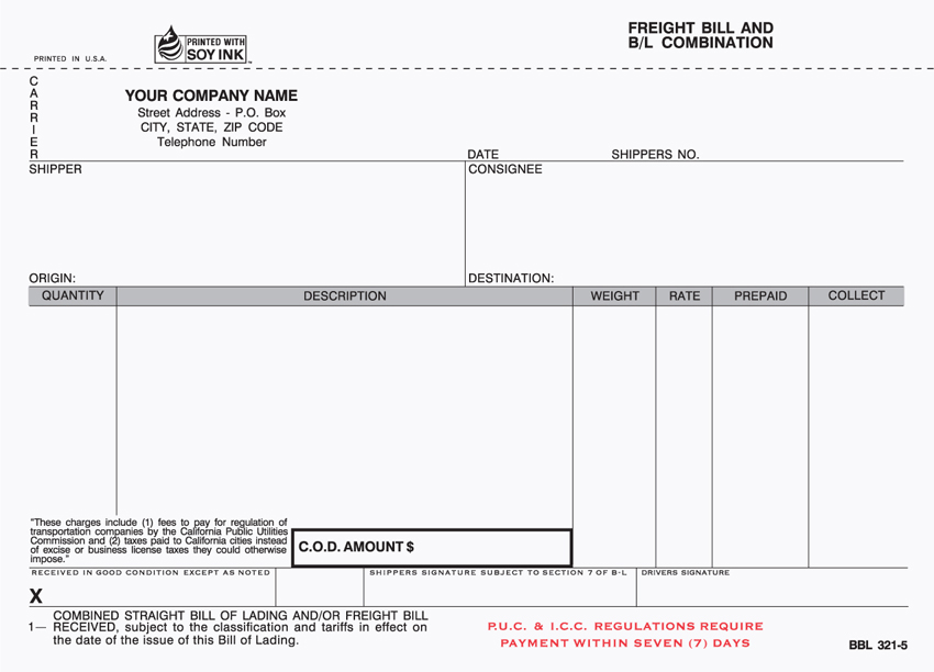 Freight Bill/Bill Of Lading - Unit Set - 8.5" x 5.5" - 5 Part C - Click Image to Close