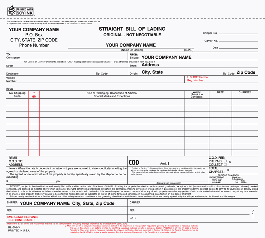 Straight Bill Of Lading - Unit Set - Carbon - 8.5" x 7" - 4 Part - Click Image to Close
