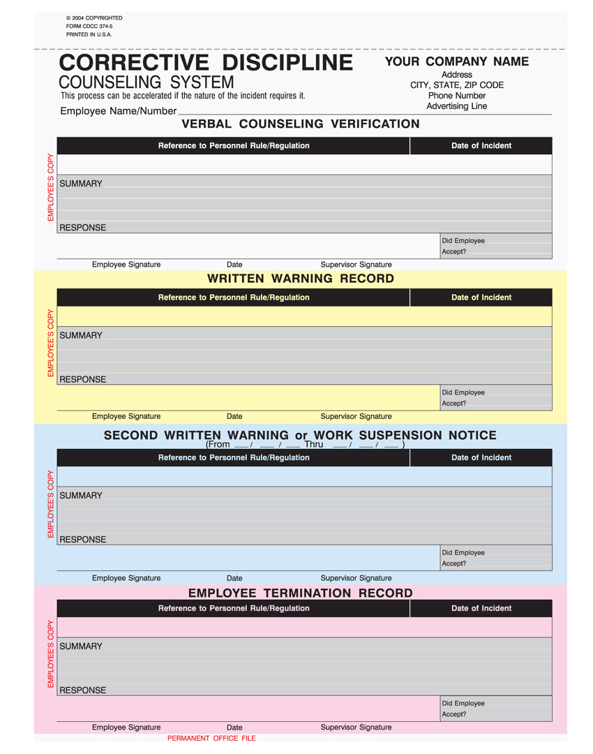 Corrective Discipline Form - Unit Set - 8.5 x 11 - 5 PART- BLANK - Click Image to Close