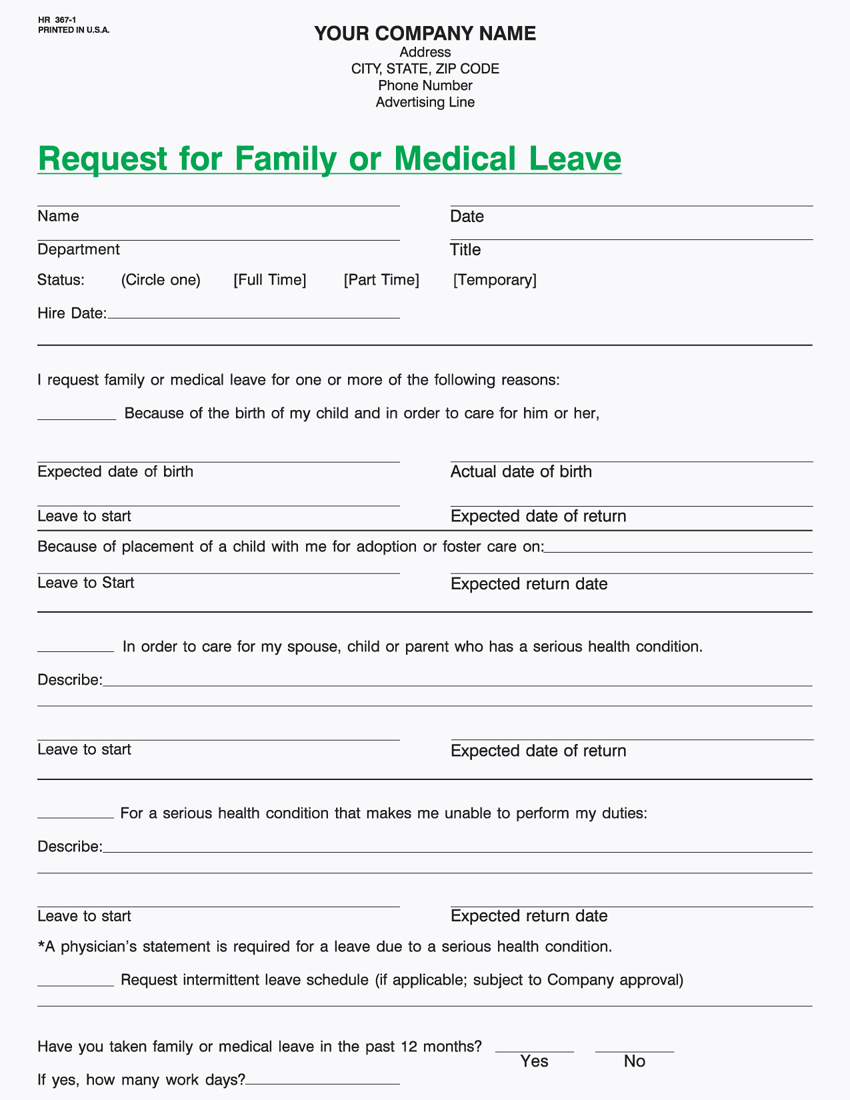 Request for Family or Medical Leave - 8.5 x 11 - 1 PART (image for) Request for Family or Medical Leave - 8.5 x 11 - 1 PART