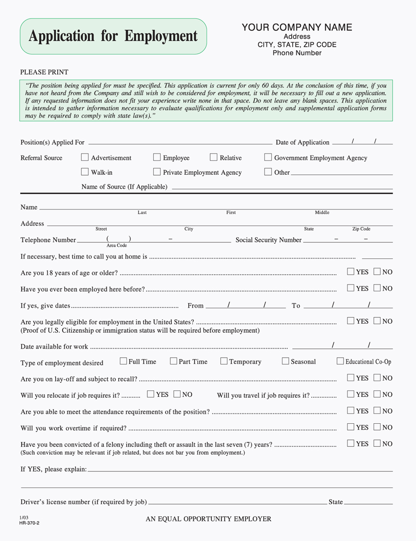 Application for Employment - Unit Set - 8.5 x 11 - 2 Part - BLAN - Click Image to Close