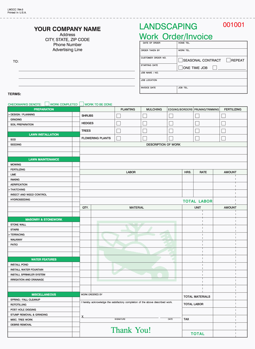 Landscaping Work Order - Unit Set - 8.5" x 11" - 3 PART (image for) Landscaping Work Order - Unit Set - 8.5" x 11" - 3 PART