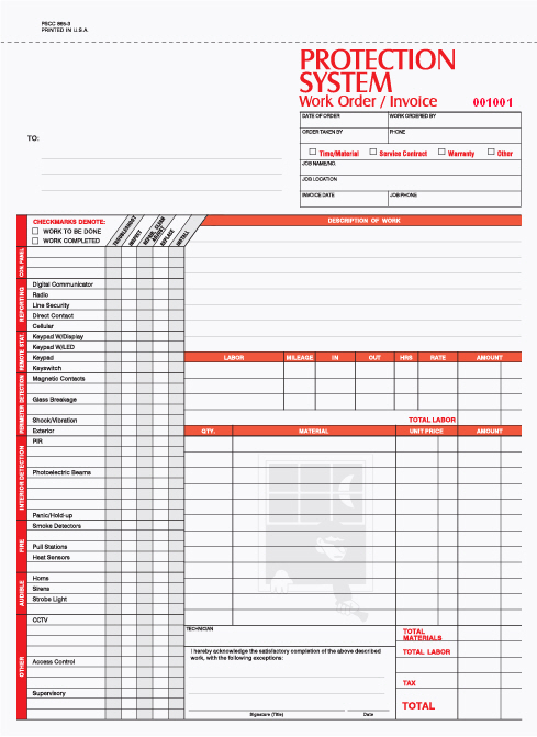 "Protection System Work Order/Invoice - 8.5" x 11" - Unit Set -