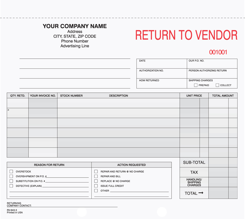 "Return to Vendor - Unit Set - 8.5" x 7" - 3 Part"