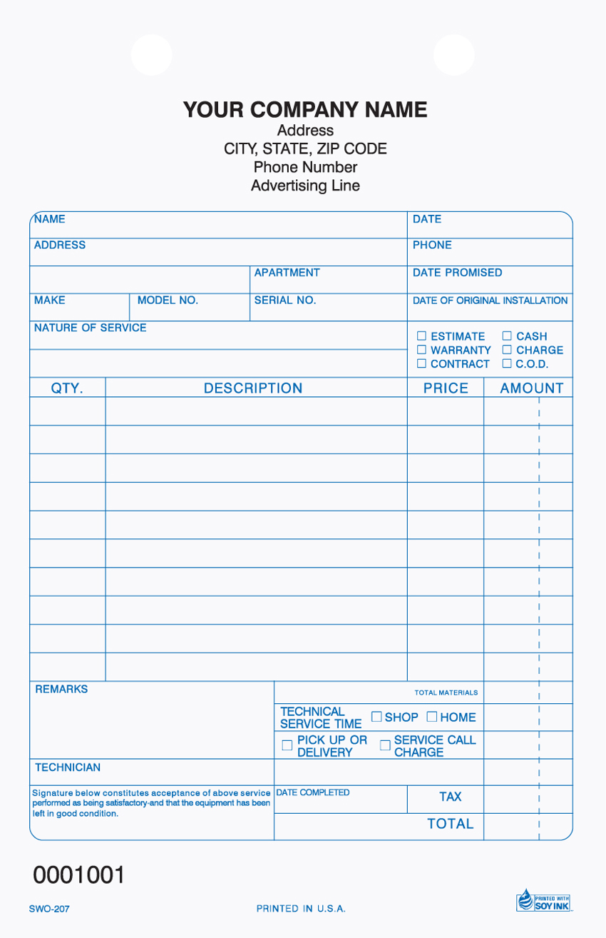Service Work Order - Register Form - SWO-207 - 5.5"x 8.5" - 2 or - Click Image to Close