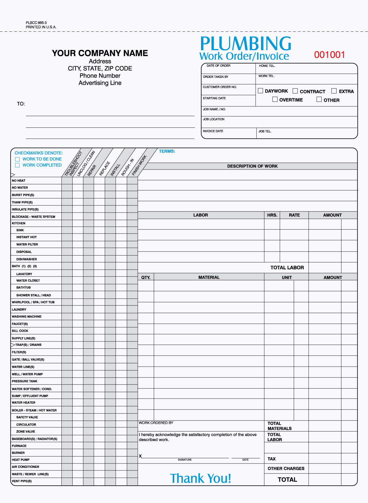 "Plumbing Form - Unit Set - 8.5" x 11" - 3 Part"