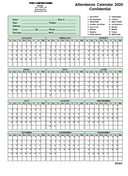 Attendance Calendar - 8.5 x 11 - 1 PART - IMPRINTED Attendance Calendar - 8.5 x 11 - 1 PART - IMPRINTED