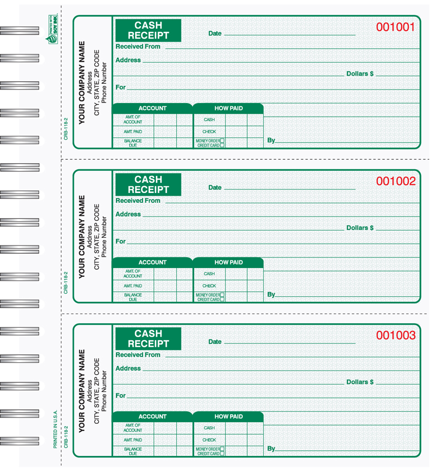 Cash Receipt Book 3 Part Green - Wire Bound - 2.75 x 6.75 - Click Image to Close