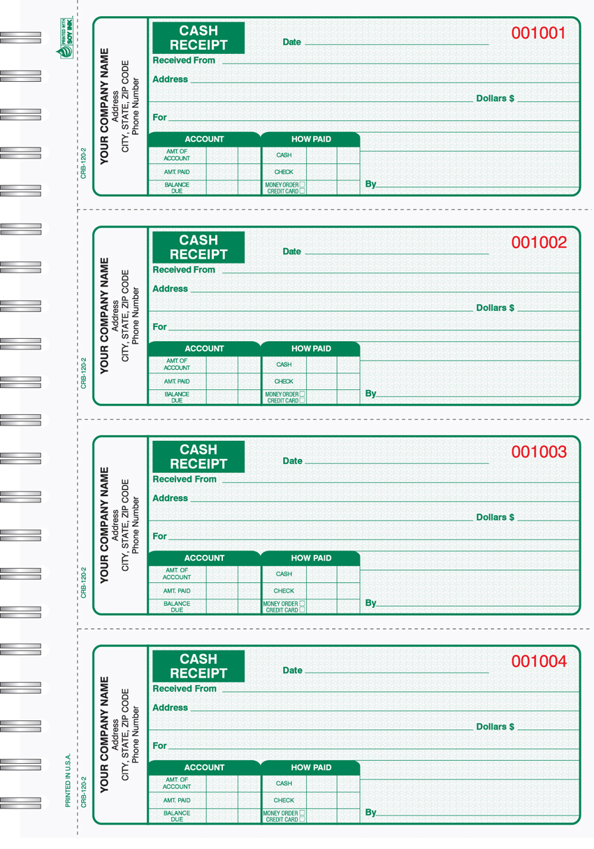Cash Receipt Book 2 Part Green - Wire Bound - 2.75 x 6.75 - Click Image to Close