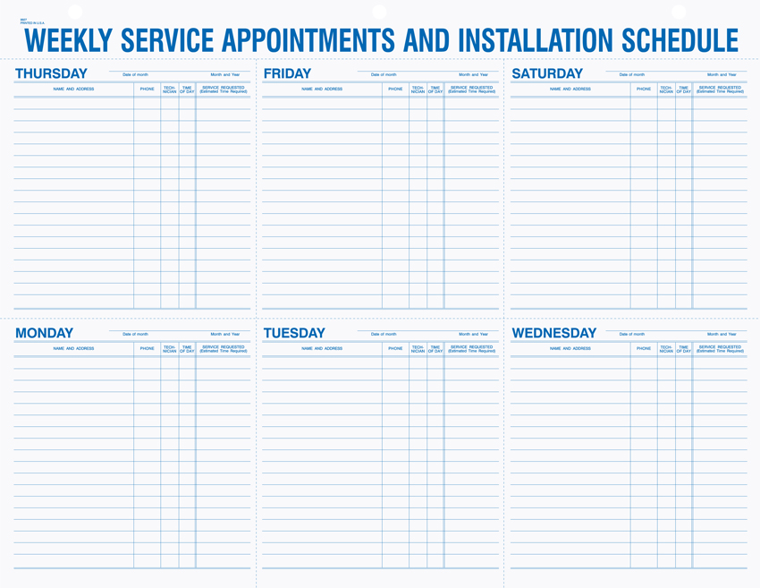 "Weekly Service Appointment Pad - Unit Set - 9927 - 22"x17" 52/P "Weekly Service Appointment Pad - Unit Set - 9927 - 22"x17" 52/P