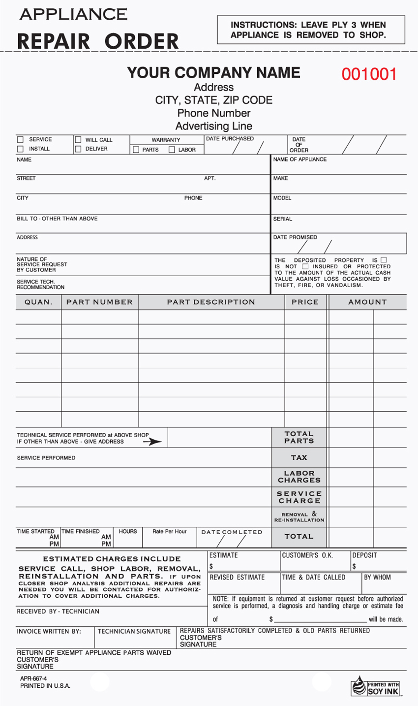 "Appliance Repair Form - Unit Set - 5.67" x 8.5" - 4 Part" "Appliance Repair Form - Unit Set - 5.67" x 8.5" - 4 Part"
