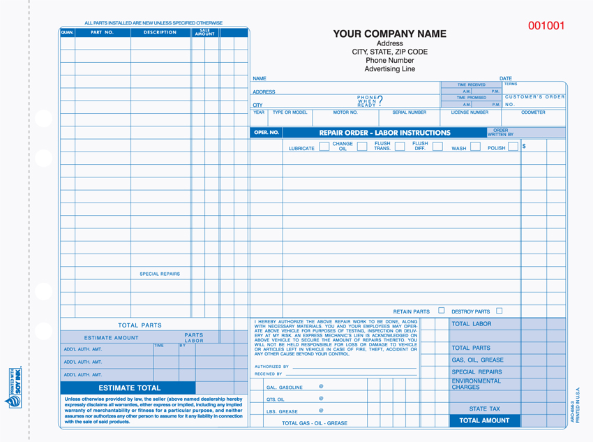 Auto Repair Form - Unit Set - AROCC-664 - 11"x8.5" - 3 Part Auto Repair Form - Unit Set - AROCC-664 - 11"x8.5" - 3 Part