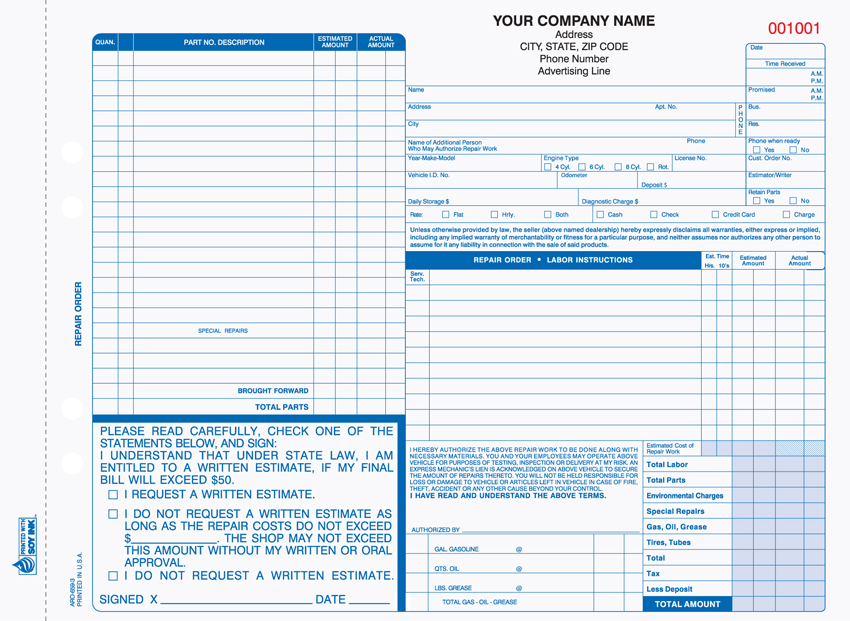 "Auto Repair Order - Unit Set - ARO-659 - 11"x8.5" - 3 Part" (image for) "Auto Repair Order - Unit Set - ARO-659 - 11"x8.5" - 3 Part"