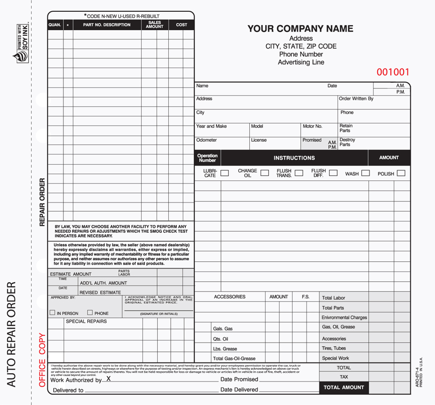 "Auto Repair Order - Unit Set - ARO-671 - 11"x8.5" - 4 Part" "Auto Repair Order - Unit Set - ARO-671 - 11"x8.5" - 4 Part"