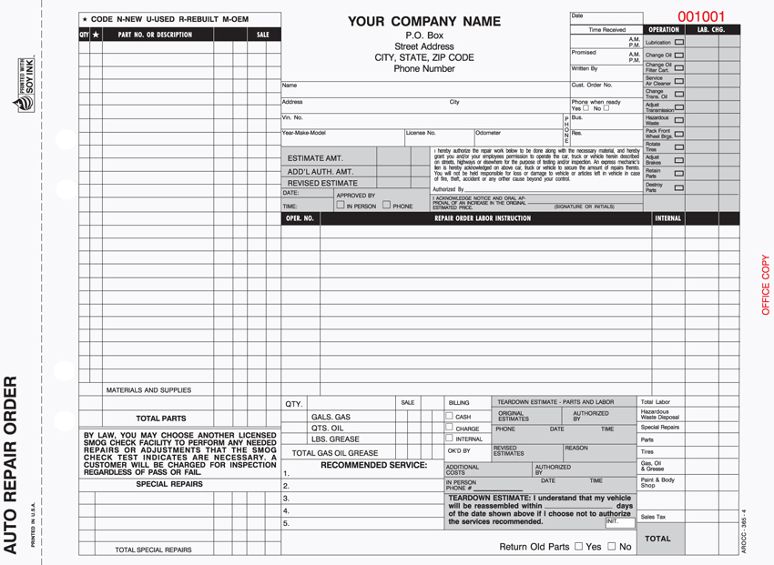 "Auto Repair Order - Unit Set - AROCC-365 - 11"x8.5" - 4 Part" "Auto Repair Order - Unit Set - AROCC-365 - 11"x8.5" - 4 Part"