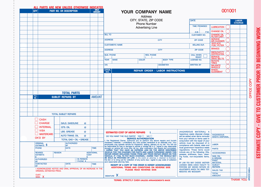 "Auto Repair Estimate - Unit Set - AROCC-648 - 11"x8.5" - 4 Part "Auto Repair Estimate - Unit Set - AROCC-648 - 11"x8.5" - 4 Part