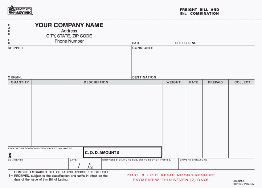 Freight Bill/Bill Of Lading - Unit Set - 8.5" x 5.5" - 5 Part Freight Bill/Bill Of Lading - Unit Set - 8.5" x 5.5" - 5 Part