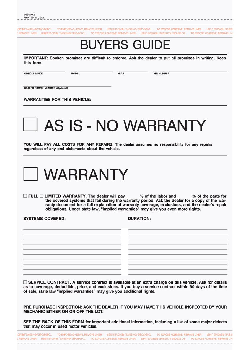 "Auto Buyer's Guide Warranty - Unit Set - BGS-555 - 7 5/16"x11 7