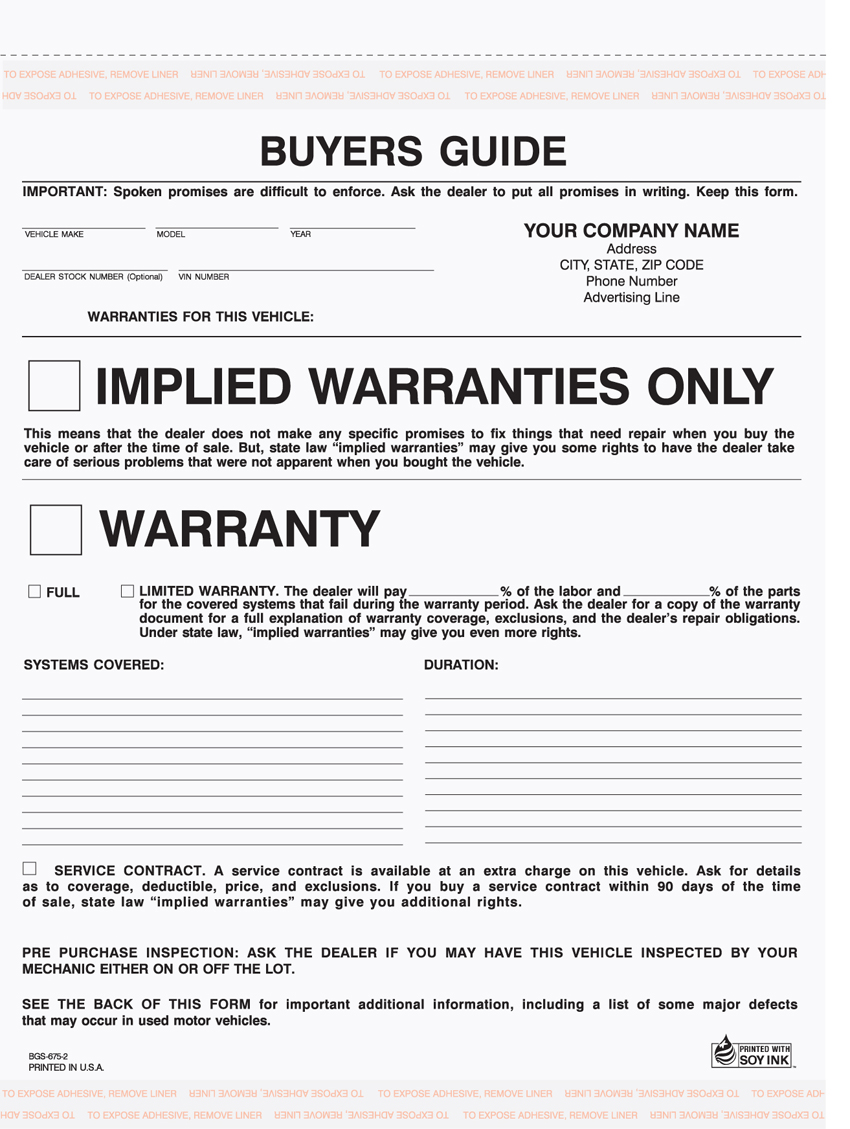 "Auto Buyer's Guide Warranty - Unit Set - BGS-675 - 8.5"x11" - 2 "Auto Buyer's Guide Warranty - Unit Set - BGS-675 - 8.5"x11" - 2