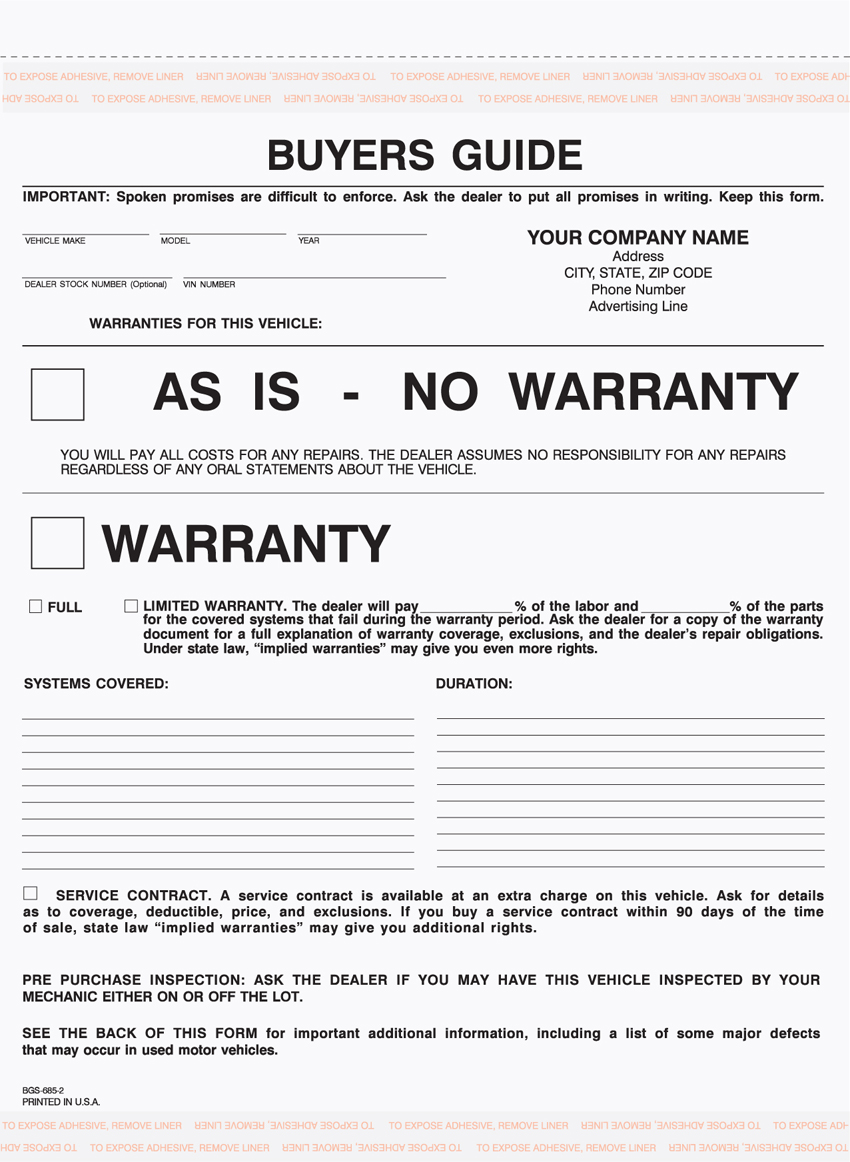 "Auto Buyer's Guide Warranty - Unit Set - BGS-685 - 8.5"x11" - 2