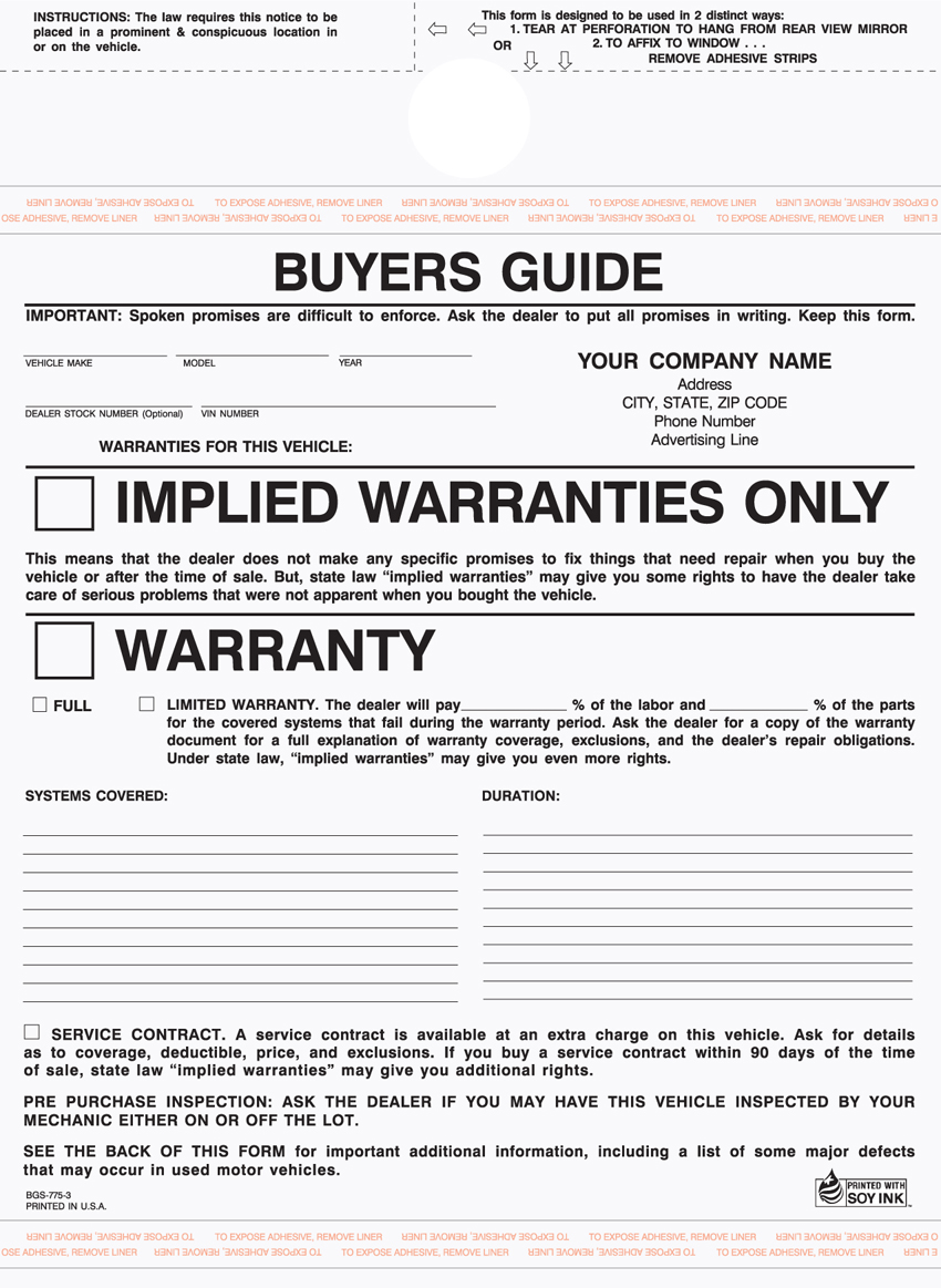 "Auto Buyer's Guide Warranty - Unit Set - BGS-775 - 8.5"x11" - 3 "Auto Buyer's Guide Warranty - Unit Set - BGS-775 - 8.5"x11" - 3