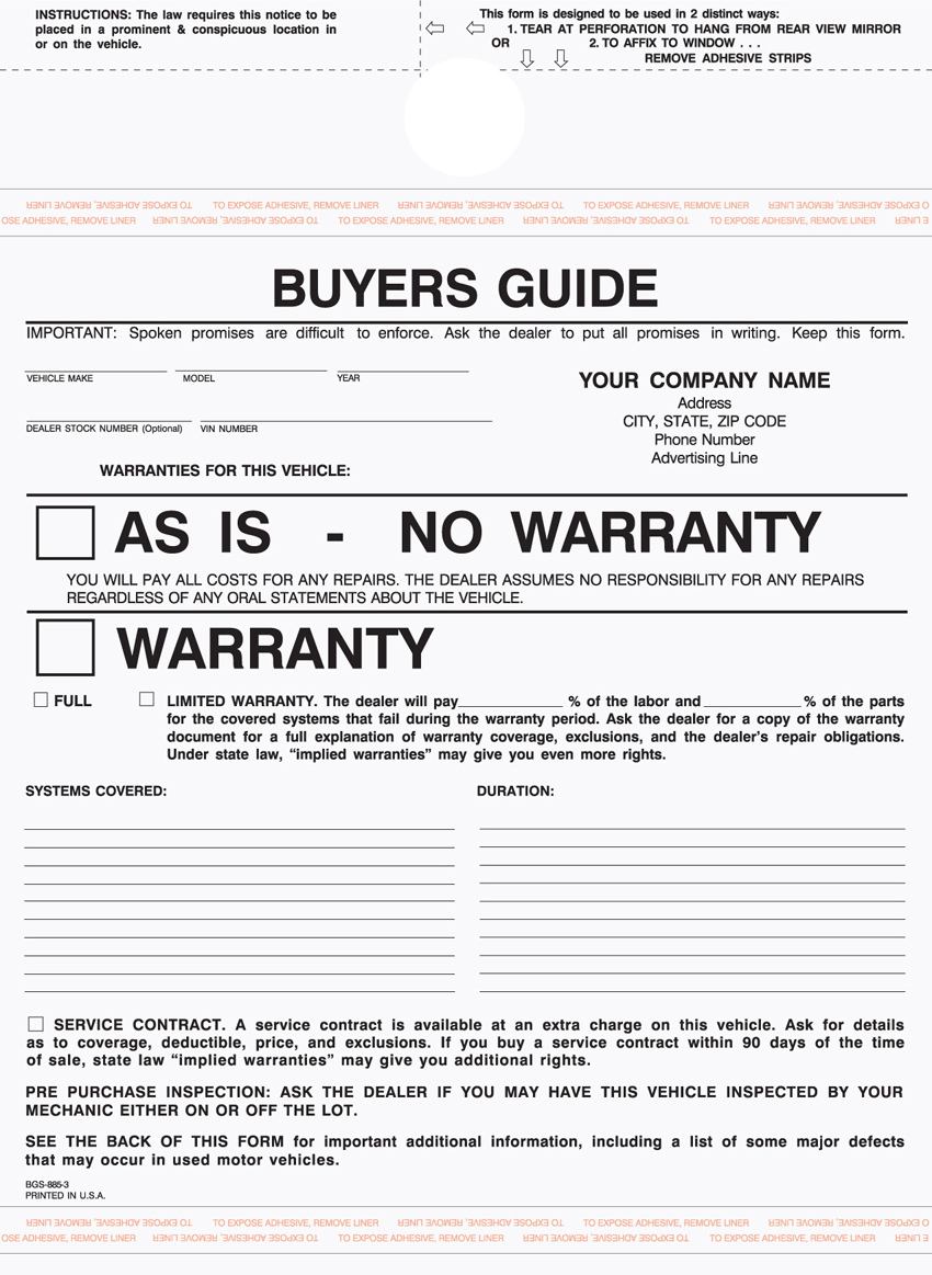"Auto Buyer's Guide Warranty - Unit Set - BGS-885 - 8.5"x11" - 3 "Auto Buyer's Guide Warranty - Unit Set - BGS-885 - 8.5"x11" - 3