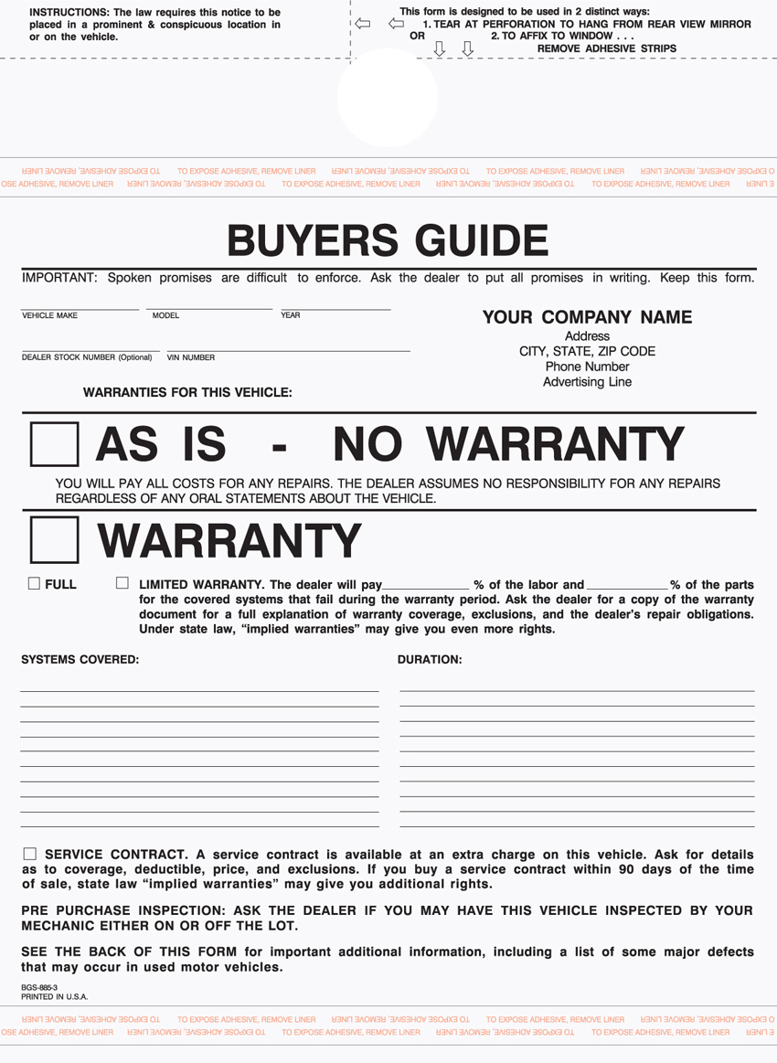 "Auto Buyer's Guide Warranty - Unit Set - BGS-885 - 8.5"x11" - 3