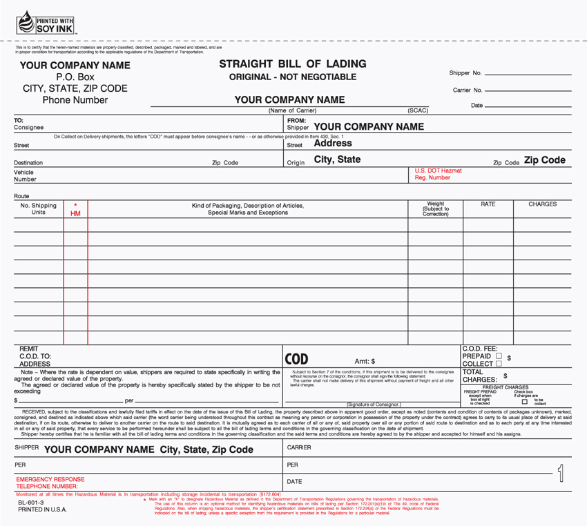 Straight Bill Of Lading - BLCC-602-3 Part - Unit Set - 8.5" x 7" Straight Bill Of Lading - BLCC-602-3 Part - Unit Set - 8.5" x 7"