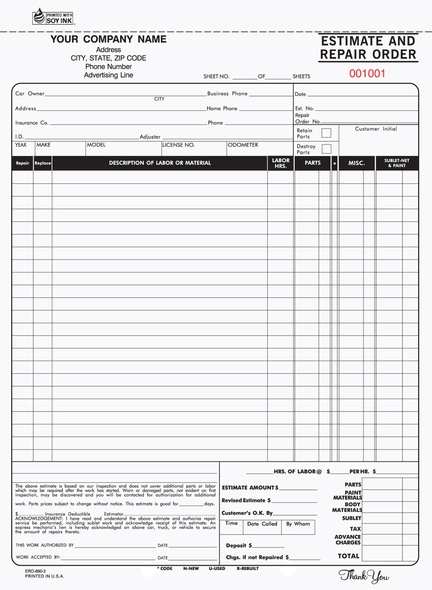 "Estimate and Repair Order - Unit Set - ERO-660 - 8.5"x11" - 3 P "Estimate and Repair Order - Unit Set - ERO-660 - 8.5"x11" - 3 P