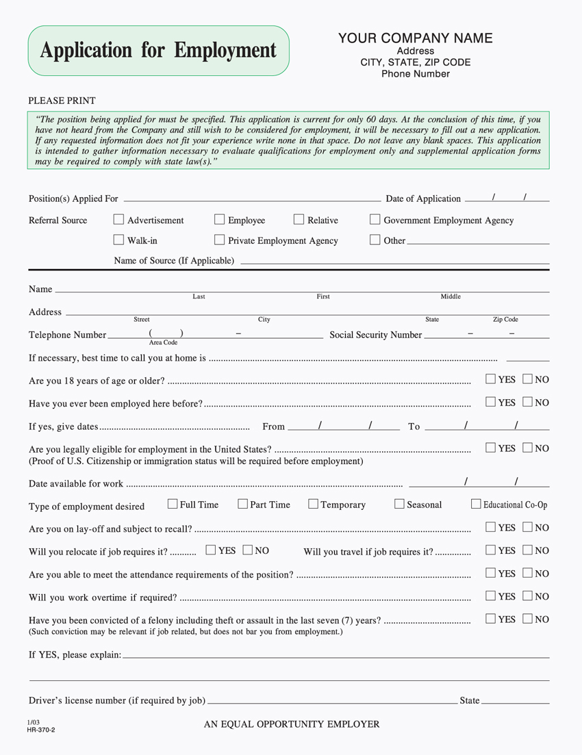 Application for Employment - Unit Set - 8.5 x 11 - 2 Part Application for Employment - Unit Set - 8.5 x 11 - 2 Part