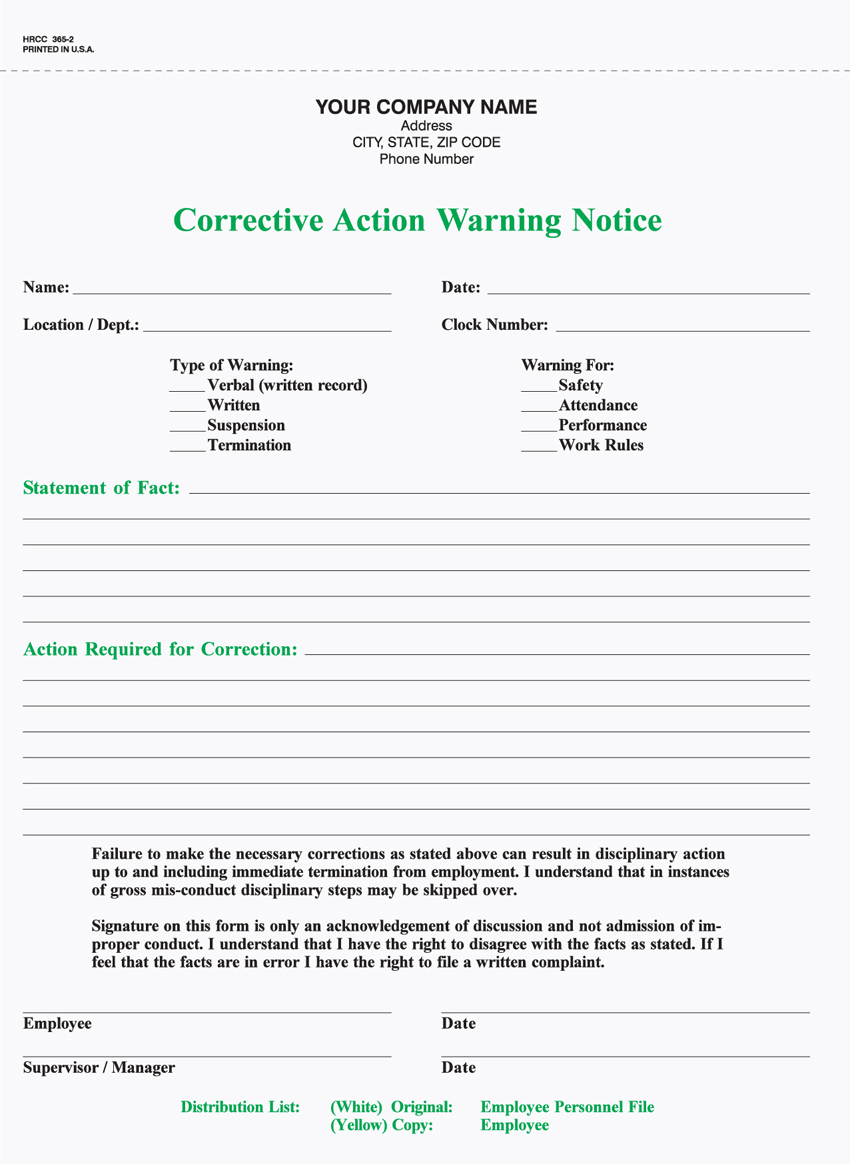 Corrective Action Warning Notice - Unit Set - 8.5 x 11 - 2 PART - Click Image to Close