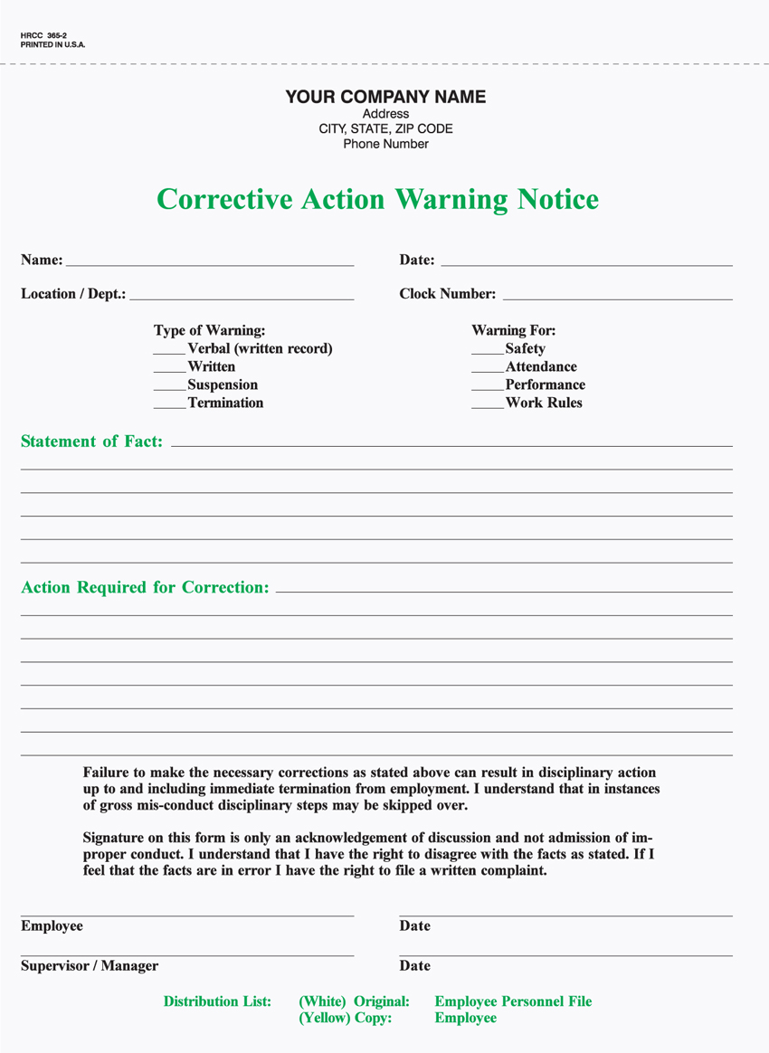 Corrective Action Warning Notice - Unit Set - 8.5 x 11 - 2 PART Corrective Action Warning Notice - Unit Set - 8.5 x 11 - 2 PART