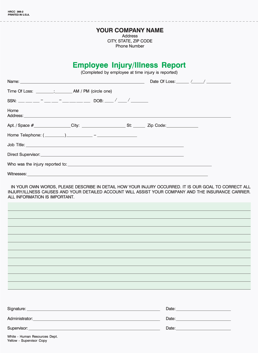 Employee Injury/Illiness Report - Unit Set - 8.5 x 11 - 2 PART Employee Injury/Illiness Report - Unit Set - 8.5 x 11 - 2 PART
