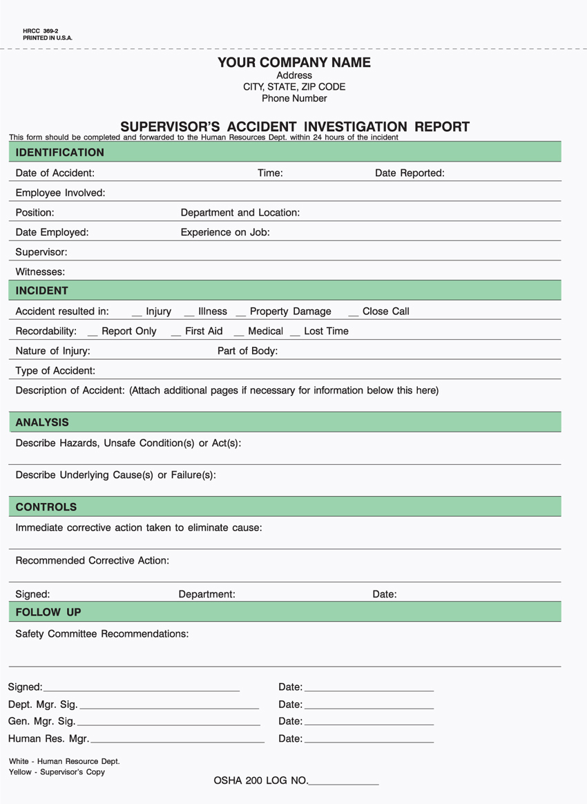 Supervisor Accident Investigation Report - Unit Set - 8.5 x 11 -