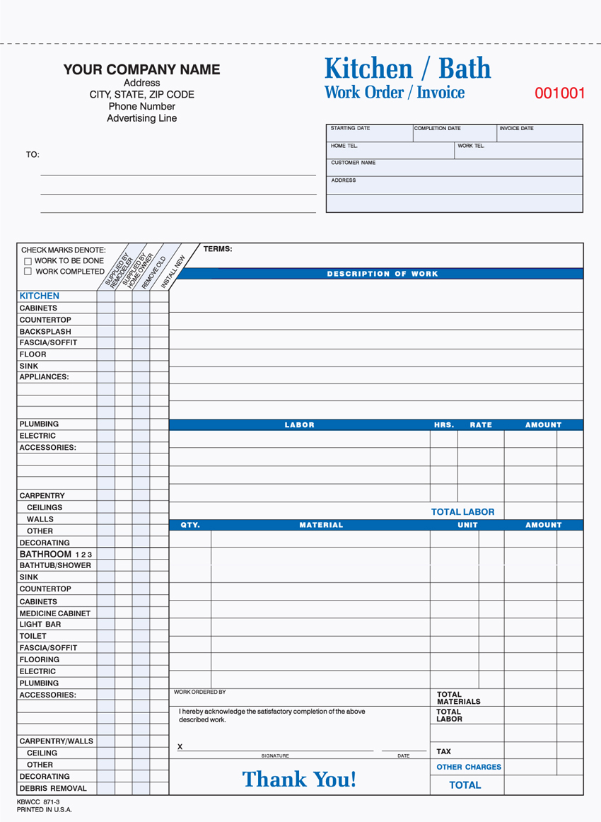 Kitchen/Bath Work Order - UNIT SET - 8.5" x 11" - 3 PART (image for) Kitchen/Bath Work Order - UNIT SET - 8.5" x 11" - 3 PART
