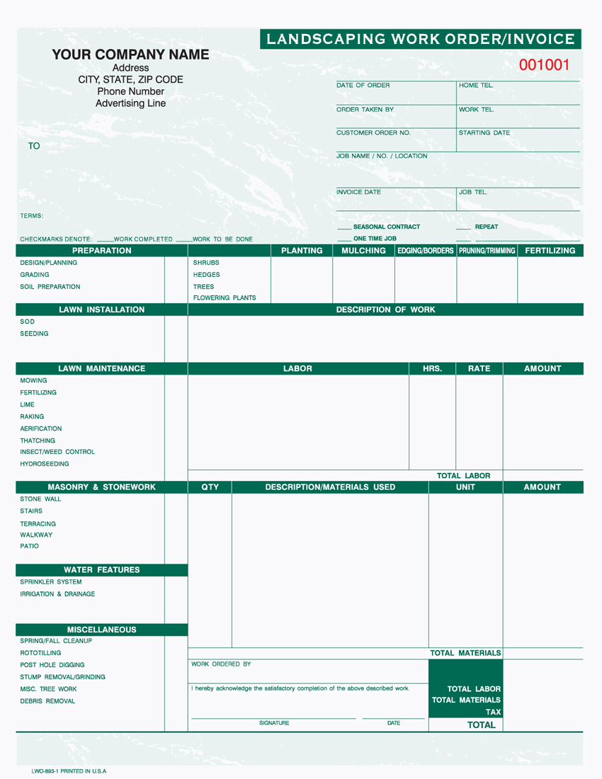 Landscaping Work Order/Invoice - 8.5" x 11" - 1 PART - Click Image to Close