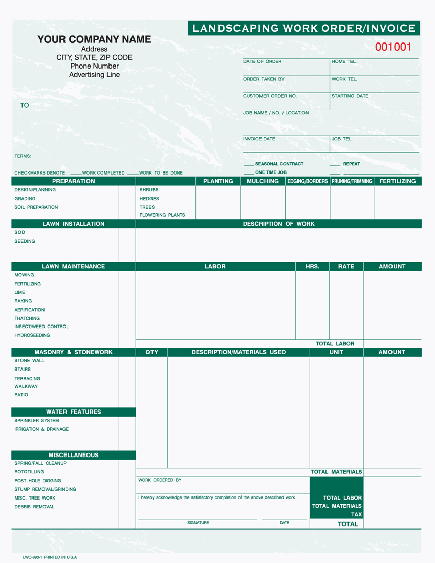 Landscaping Work Order/Invoice - 8.5" x 11" - 1 PART (image for) Landscaping Work Order/Invoice - 8.5" x 11" - 1 PART