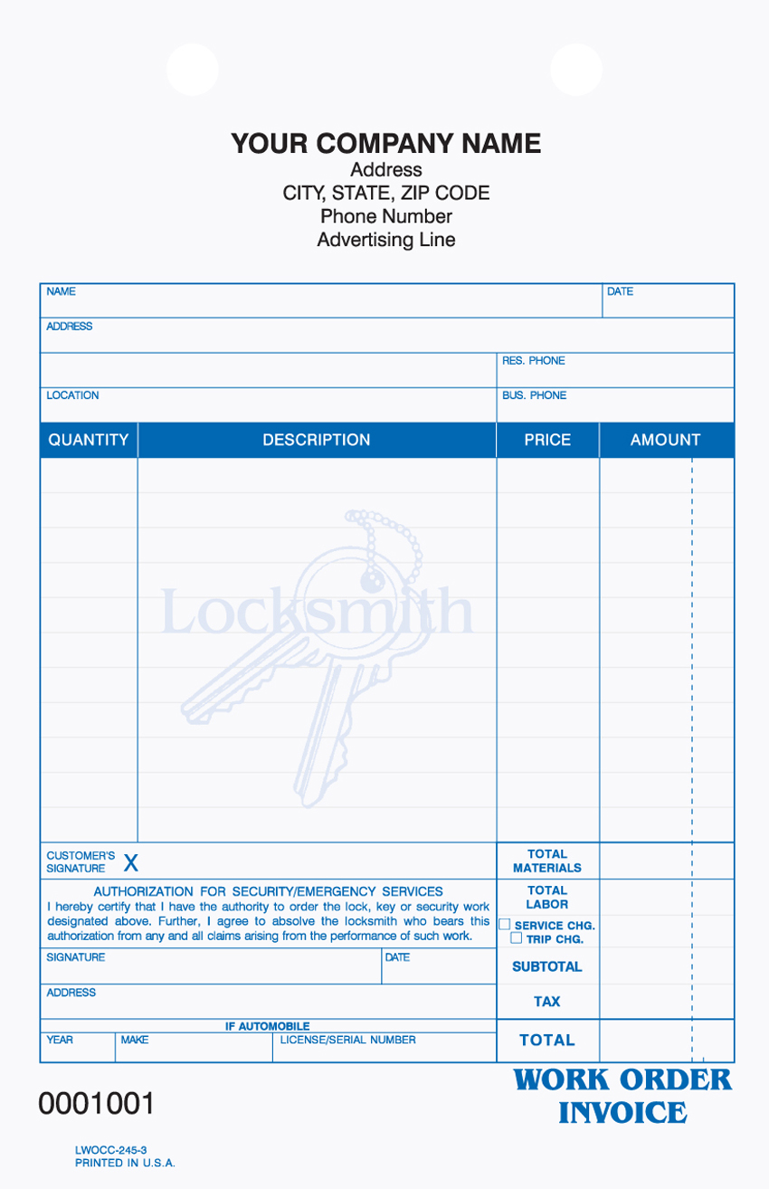 "Locksmith Work Order/Invoice - 5.5" x 8.5" - Register Form - 3 - Click Image to Close
