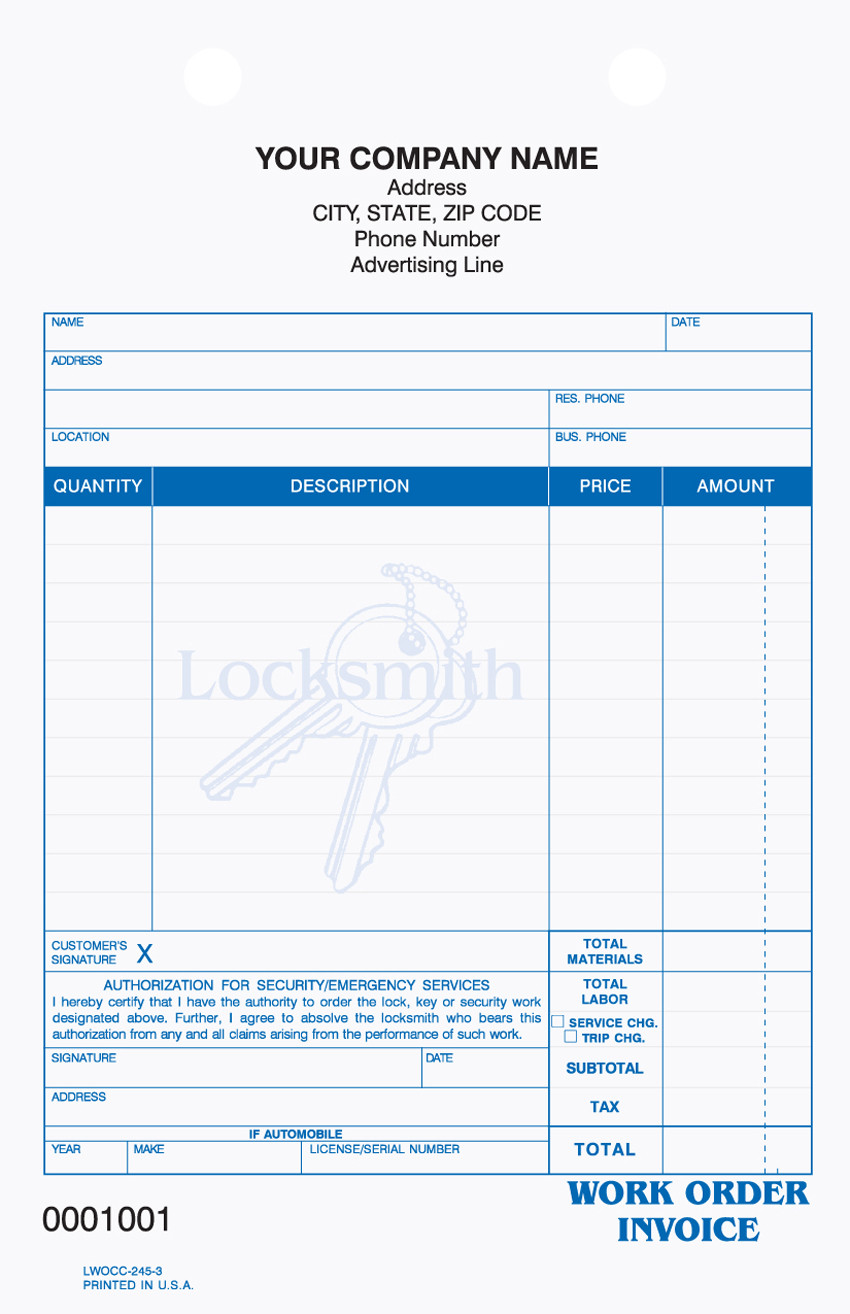 "Locksmith Work Order/Invoice - 5.5" x 8.5" - Register Form - 3 "Locksmith Work Order/Invoice - 5.5" x 8.5" - Register Form - 3