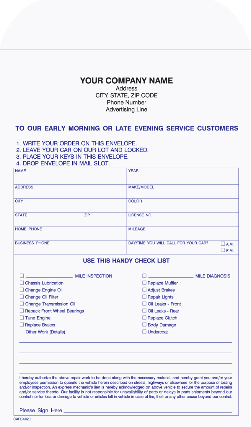 Overnight Auto Repair Envelope - 6x9 Overnight Auto Repair Envelope - 6x9