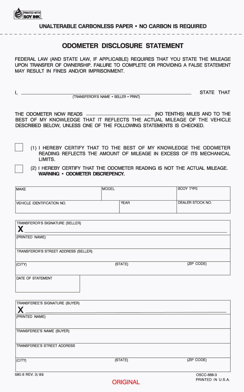 "Odometer Disclosure Statement - Unit Set - OSCC-668 - 5 2/3"x8. "Odometer Disclosure Statement - Unit Set - OSCC-668 - 5 2/3"x8.