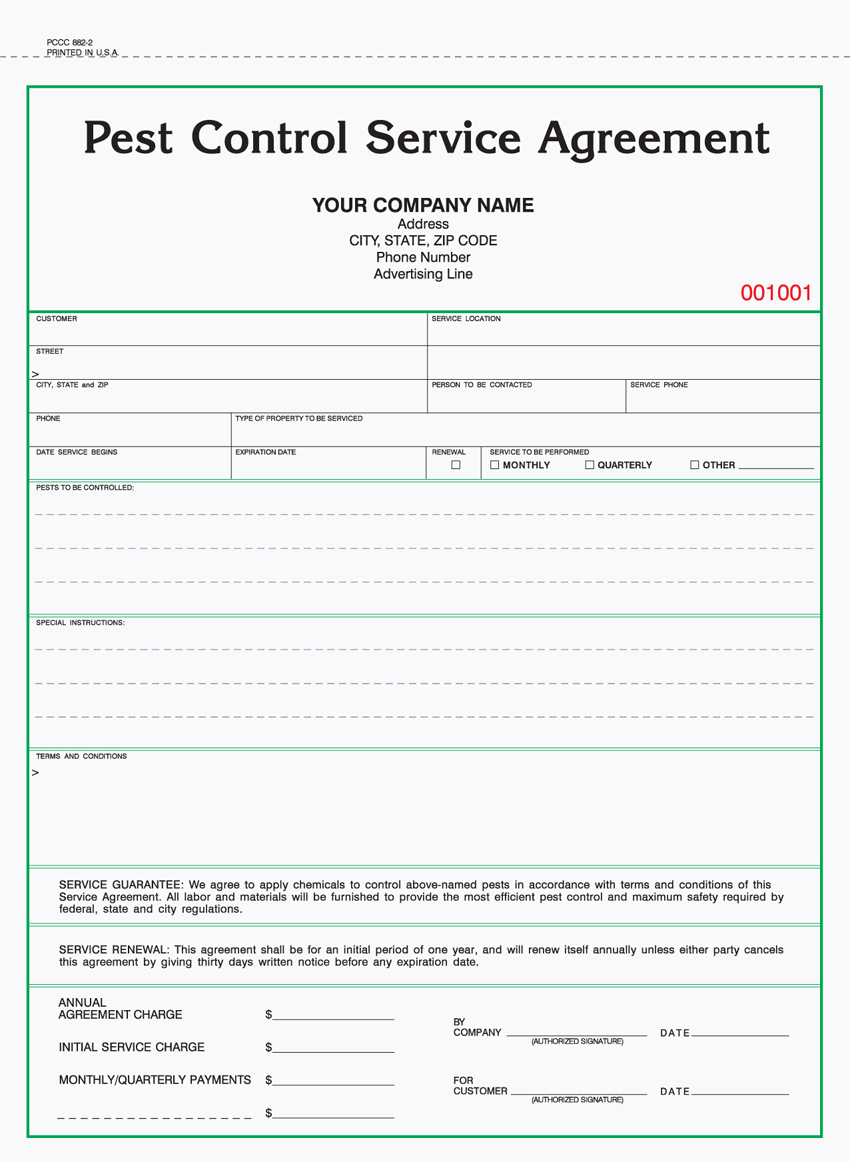 "Pest Control Service Agreement - Unit Set - 8.5" x 11" - 2 PART