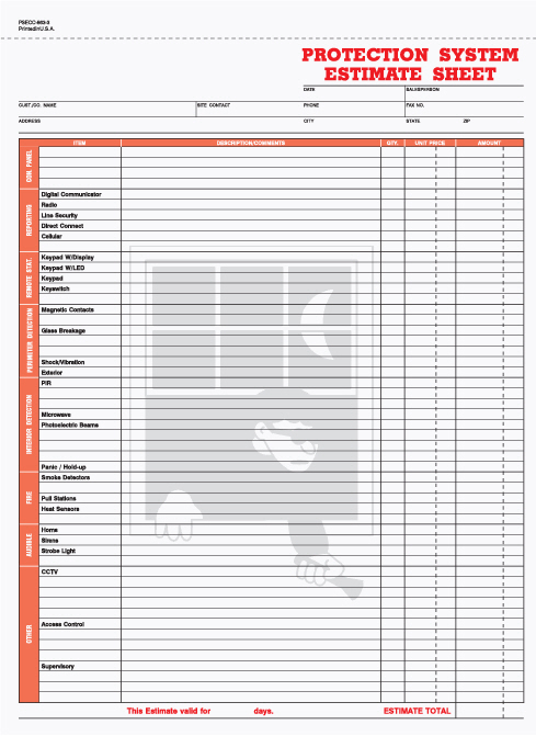 "Protection System Estimate Sheet - 8.5" x 11" - Unit Set - 3 PA