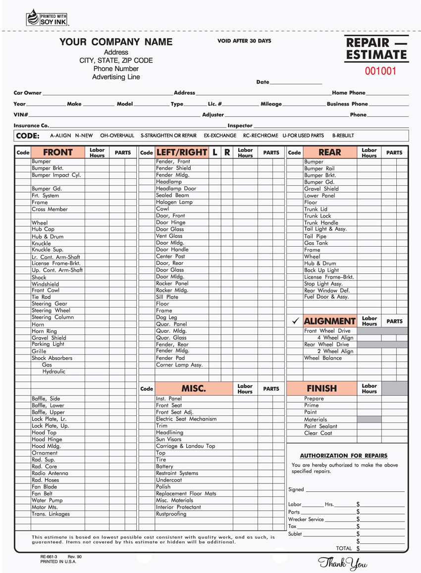 "Repair Estimate - Unit Set - RE-661 - 8.5"x11" - 3 Part" "Repair Estimate - Unit Set - RE-661 - 8.5"x11" - 3 Part"