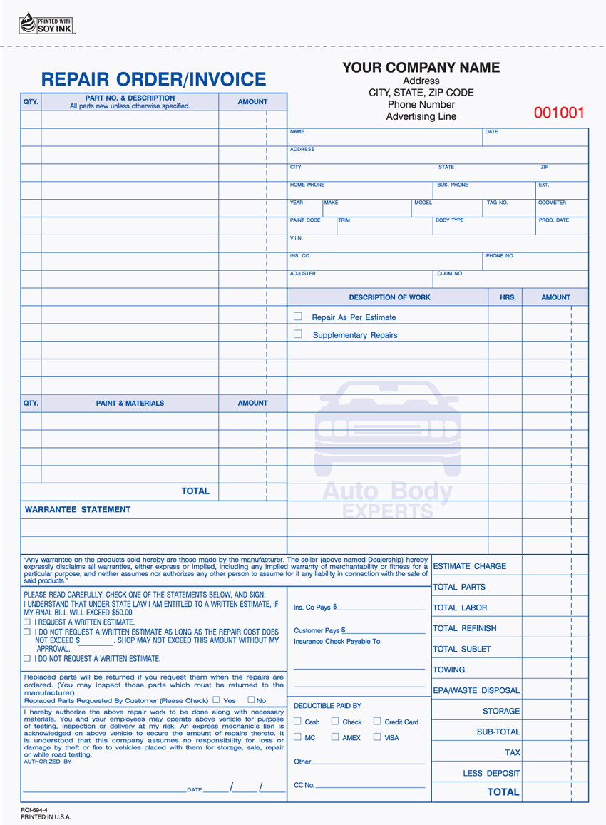 "Repair Order/Invoice - Unit Set - ROI-694 - 8.5"x11" - 4 Parts" "Repair Order/Invoice - Unit Set - ROI-694 - 8.5"x11" - 4 Parts"