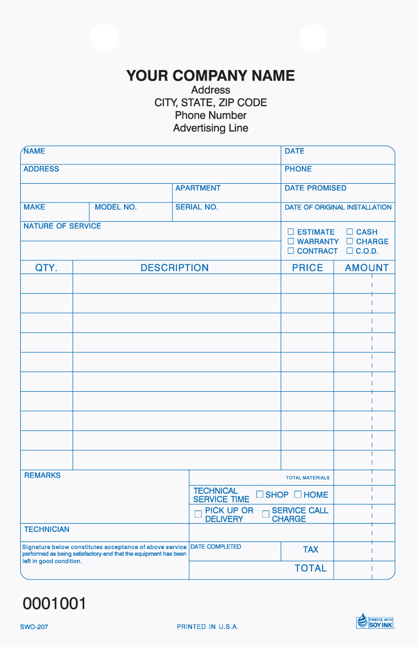 Service Work Order - Register Form - SWO-207 - 5.5"x 8.5" - 2 or (image for) Service Work Order - Register Form - SWO-207 - 5.5"x 8.5" - 2 or