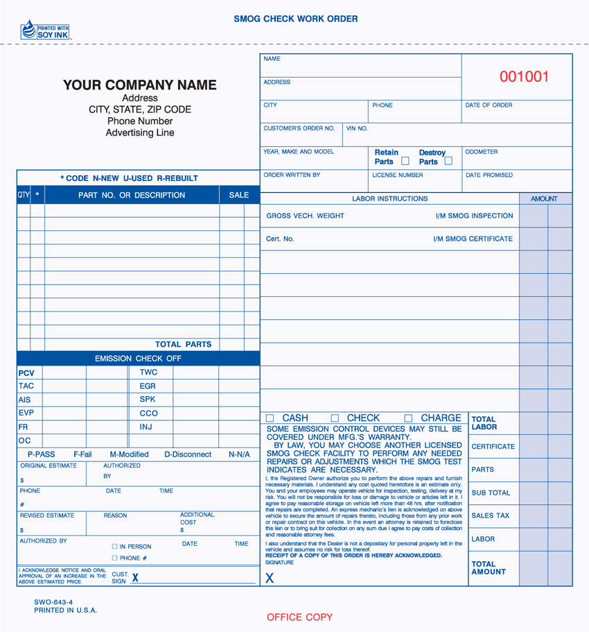 Smog Check Work Order - Unit Set - SWO-643 - 8.5"x8.5" - 4 Part Smog Check Work Order - Unit Set - SWO-643 - 8.5"x8.5" - 4 Part