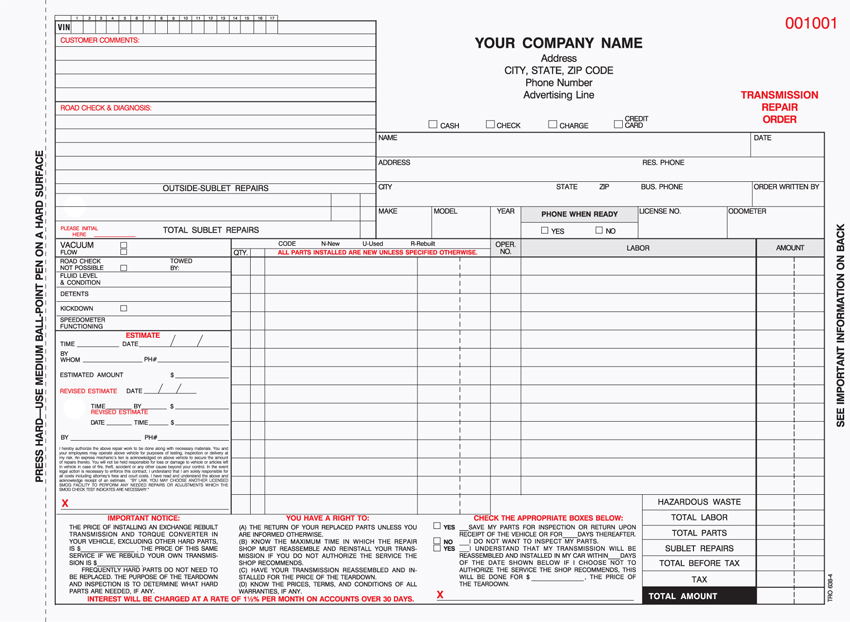 "Transmission Repair Order - Unit Set - TRO-638 - 11"x8.5" - 4 P "Transmission Repair Order - Unit Set - TRO-638 - 11"x8.5" - 4 P